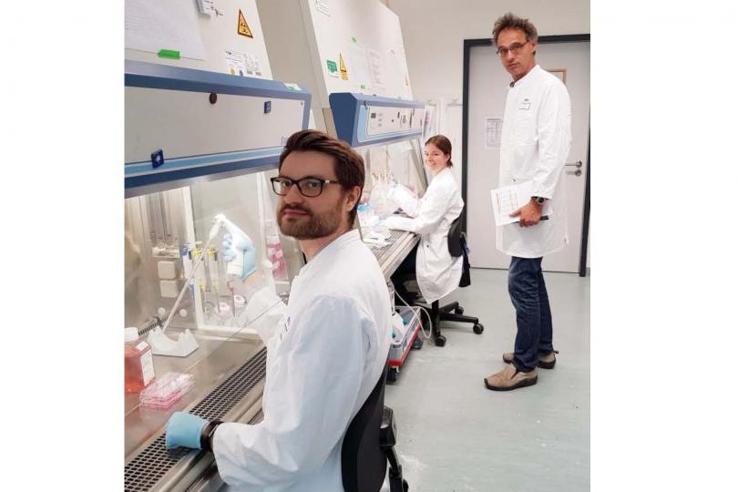 Dr. Piotr Fabrowski (vorne), Dr. Nikolas Gunkel und Savannah Jackson bei den Vorbereitungen zu Wirksamkeitsstudien in SCLC-Tumormodellen.