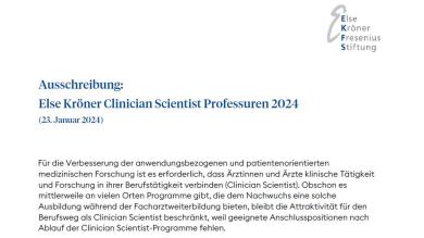 Else Kröner Clinician Scientist Professuren 2024: Ausschreibung